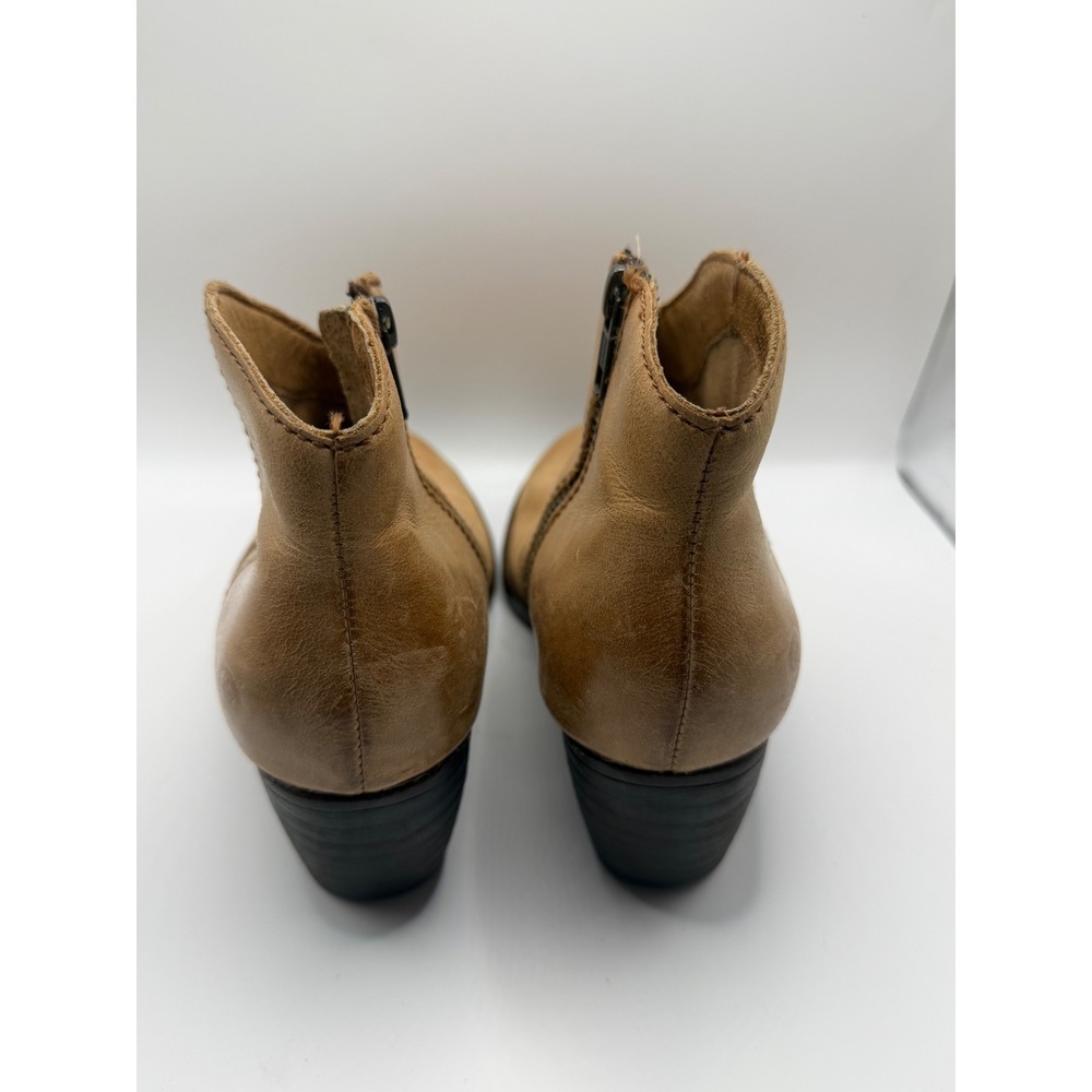 Born Tan Leather Ankle Boots Western Block Heel Side Zip Booties Womens 7M - Picture 3 of 6